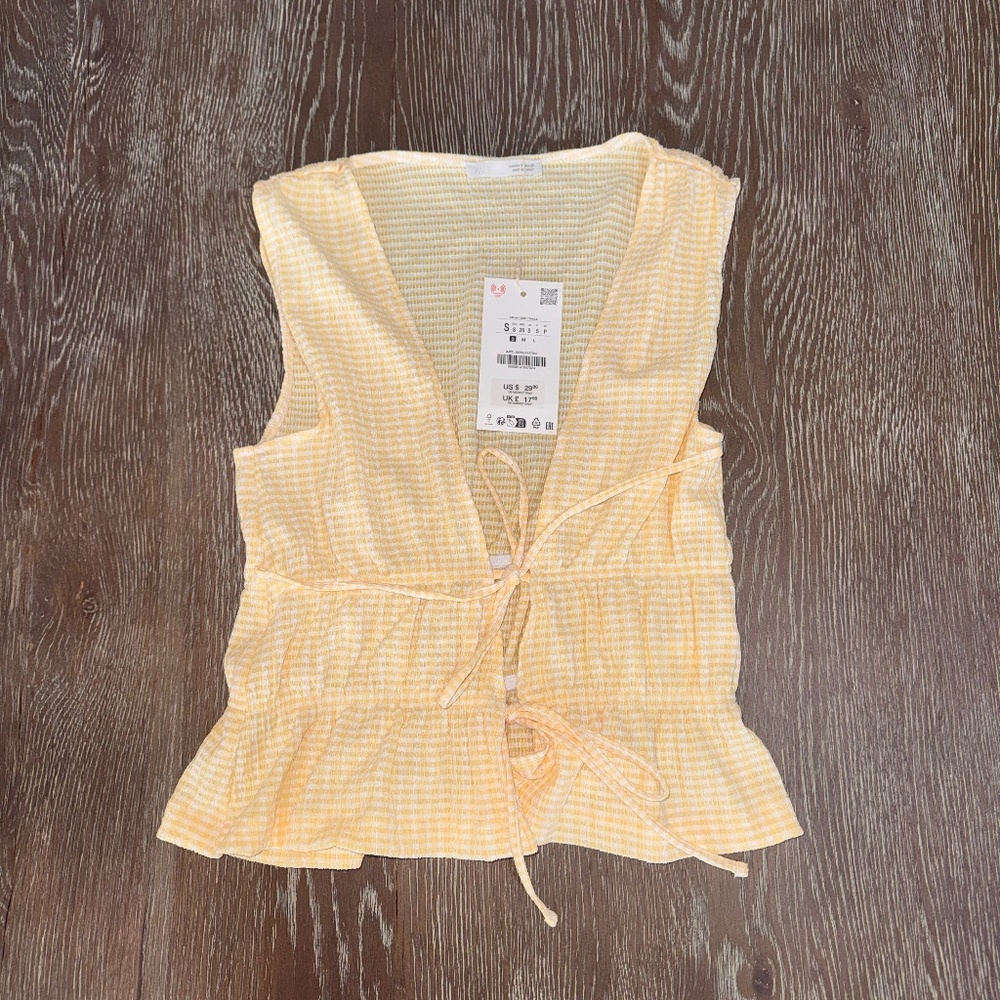 Zara pale yellow and white tie- front sleeveless top size S
